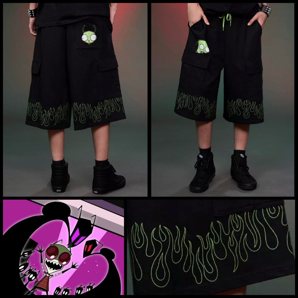 Invader Zim GIR Flames Cargo Lounge Shorts Black/Green Mens Sz Med Y2K RARE NWT!